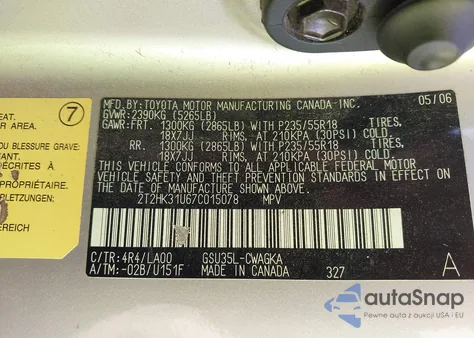 2007 Lexus Rx 350 350 from USA, damaged, VIN 2T2HK31U67C015078